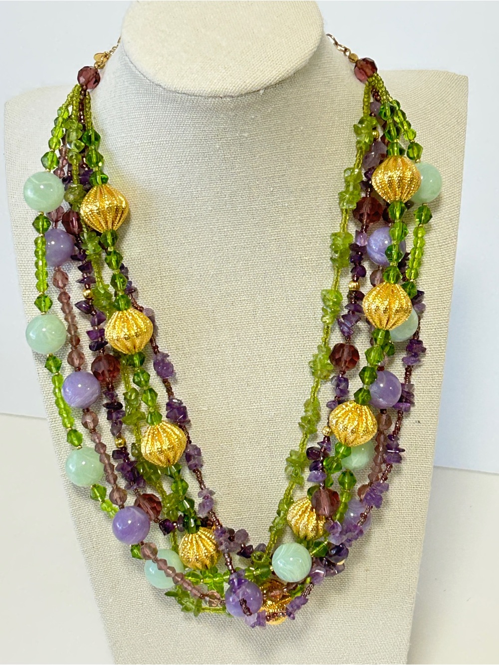Vtg Joan Rivers Multi Strand Lavender & Soft Green Crystals & Gold Tone Beads